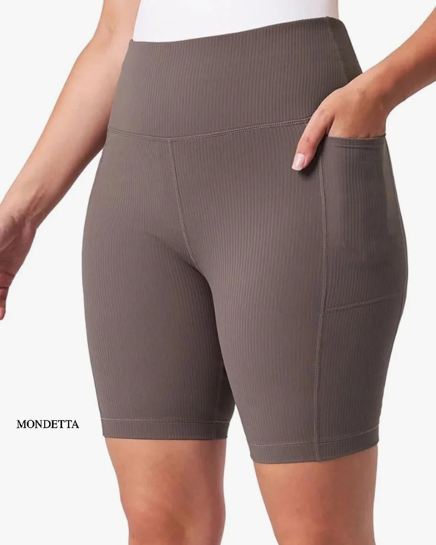 Mondetta Women’s High-Waisted Ribbed Shorts – Soft Fabric, Hidden Pockets