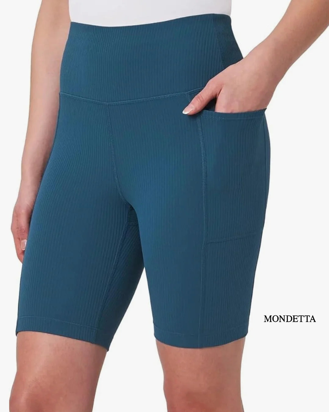 Mondetta Women’s High-Waisted Ribbed Shorts – Soft Fabric, Hidden Pockets