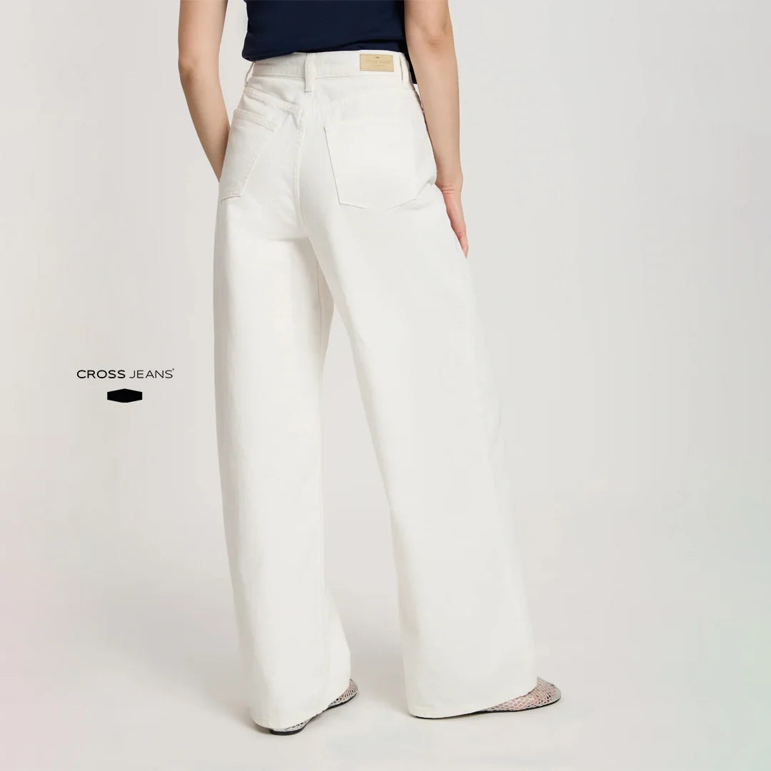 Women’s Cross Jeans Flare Fit Denim – Mid-Waist, Wide-Leg, White