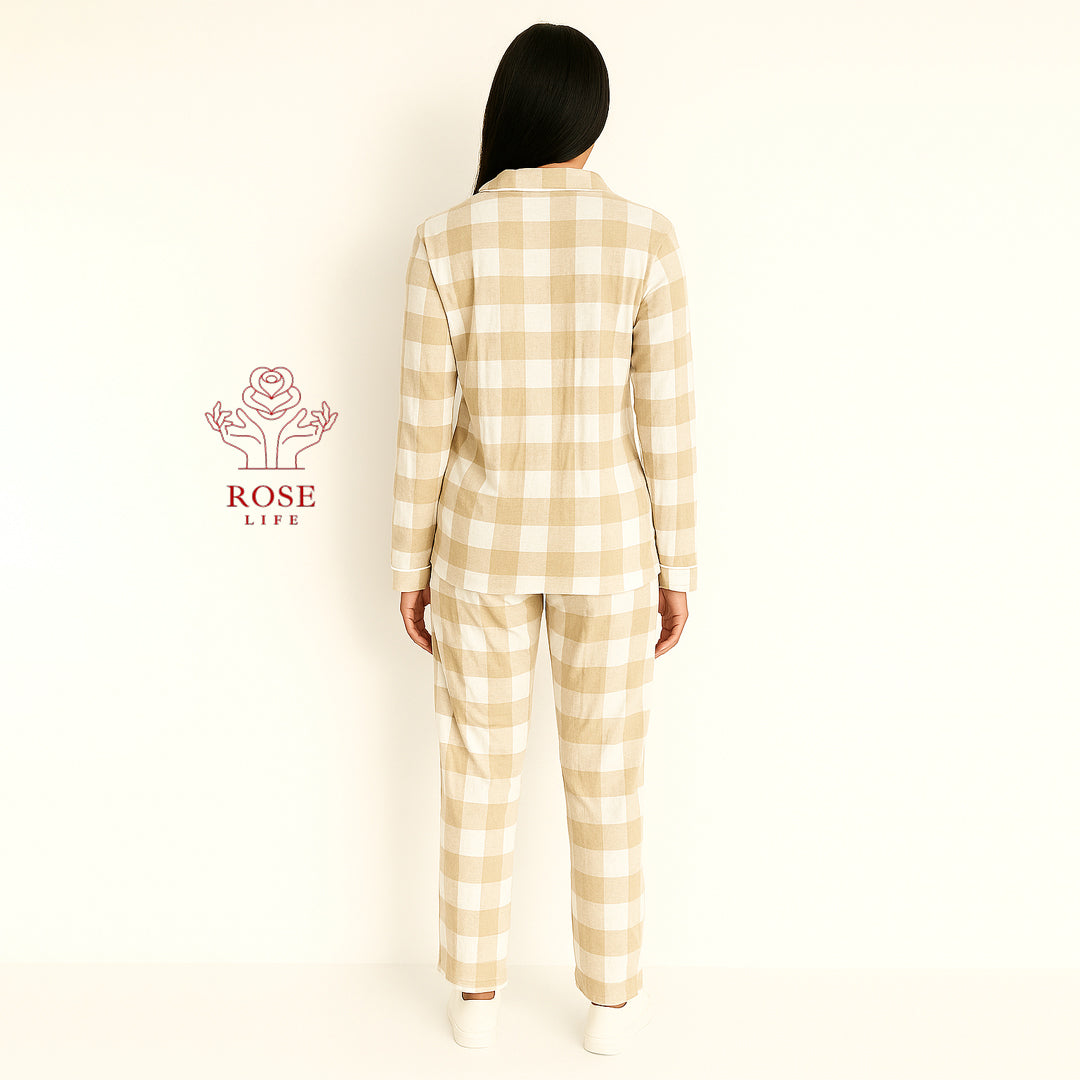 ROSE&LIFE Women’s Plaid Button-Up Flannel Pajama Set – Soft Two-Piece Sleepwear