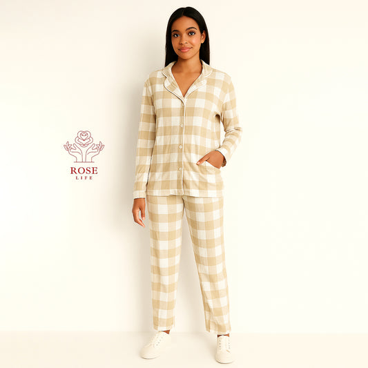 ROSE&LIFE Women’s Plaid Button-Up Flannel Pajama Set – Soft Two-Piece Sleepwear