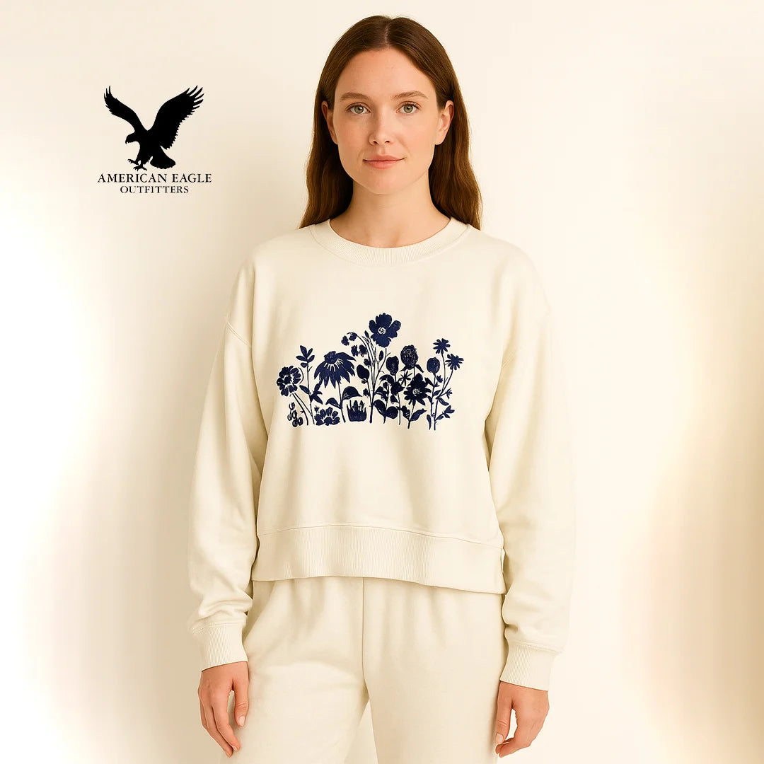 American Eagle Women’s Cream Printed Sweatshirt – Floral Graphic Crew Neck