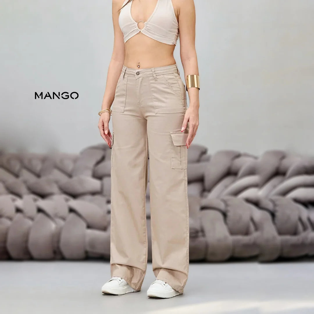 Mango Women’s Navy Blue Lycra High Waist Wide Leg Cargo Pants