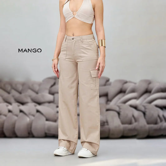 Mango Women’s Navy Blue Lycra High Waist Wide Leg Cargo Pants