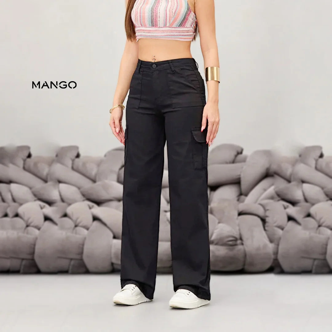 Mango Women’s Navy Blue Lycra High Waist Wide Leg Cargo Pants