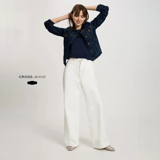 Women’s Cross Jeans Flare Fit Denim – Mid-Waist, Wide-Leg, White