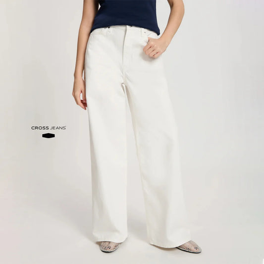 Women’s Cross Jeans Flare Fit Denim – Mid-Waist, Wide-Leg, White