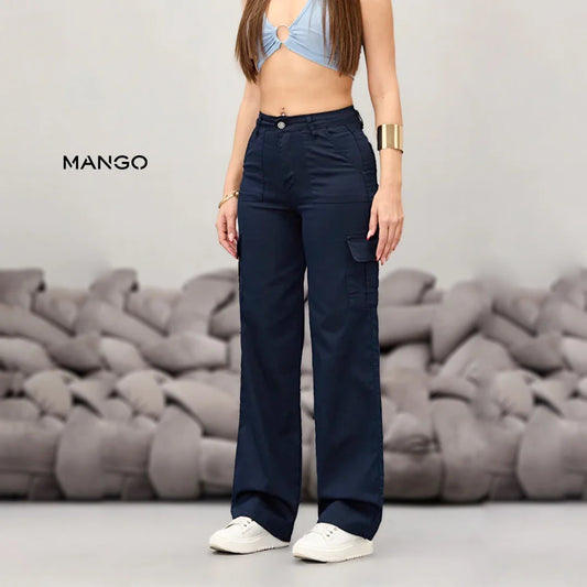 Mango Women’s Navy Blue Lycra High Waist Wide Leg Cargo Pants