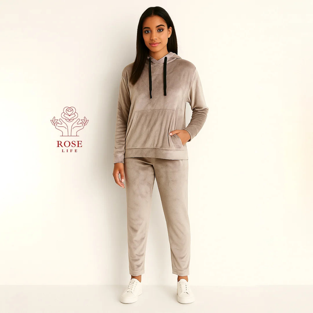 ROSE&LIFE Women’s Soft Velour Hoodie Set – Cozy Two-Piece Loungewear