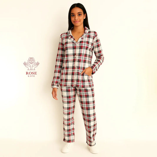 ROSE&LIFE Women’s Plaid Button-Up Flannel Pajama Set – Soft Two-Piece Sleepwear