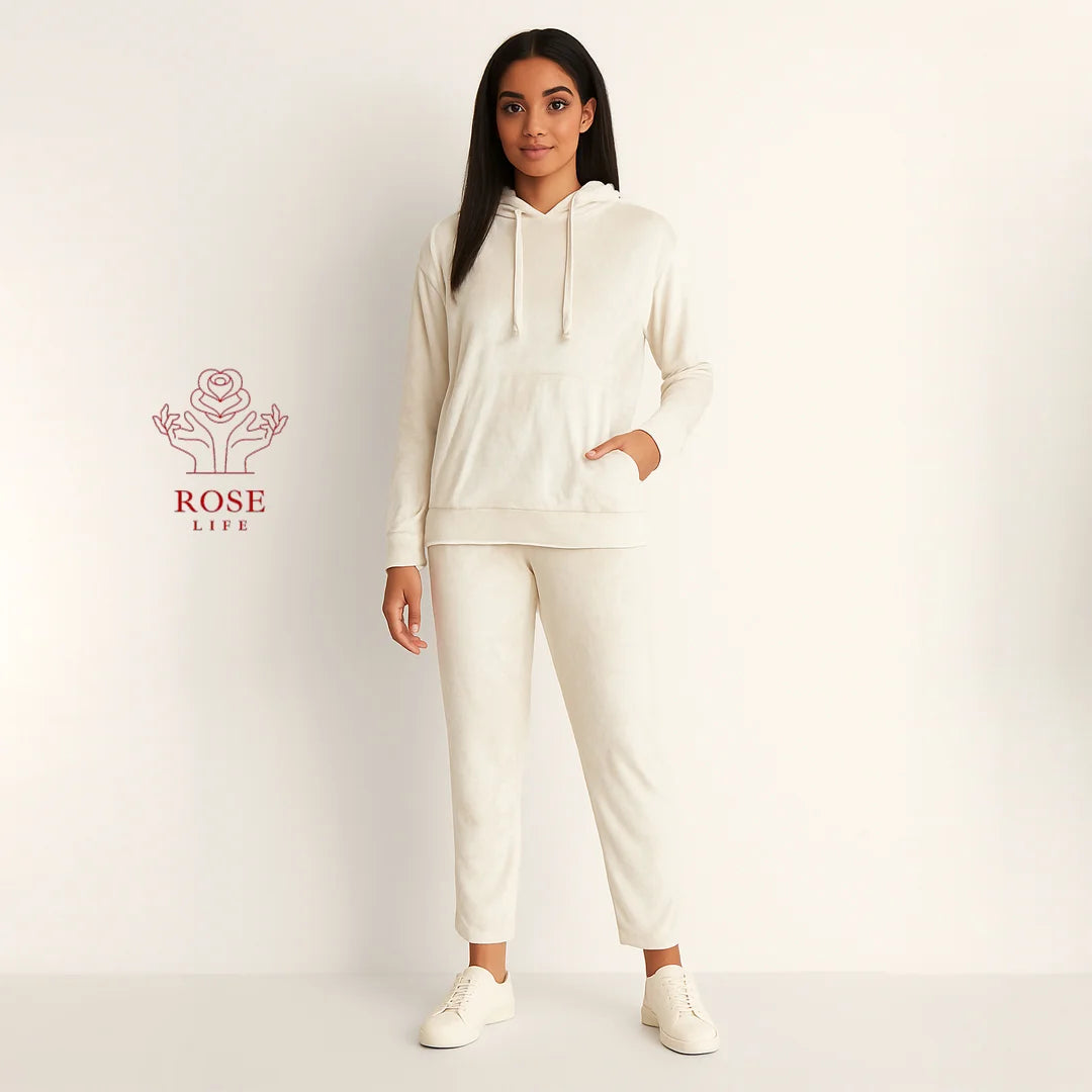 ROSE&LIFE Women’s Soft Velour Hoodie Set – Cozy Two-Piece Loungewear