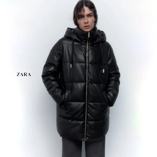 ZARA Women’s Faux Leather Puffer Coat – Wind Protection Design